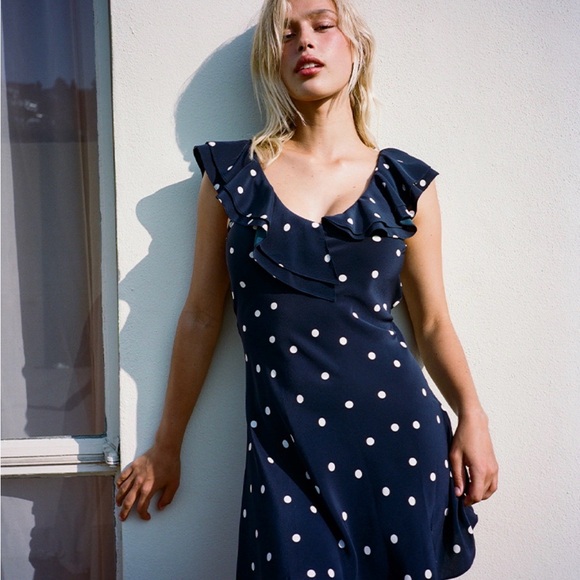 Realisation Par Dresses & Skirts - Realisation Par THE SAILOR Size L Navy Polka Dot Ruffle Midi Dress